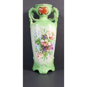 Vintage Green Floral Double Handle Made in Czechoslovakia Porcelain Vase Urn